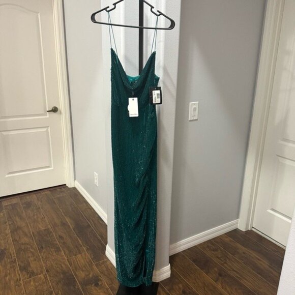 Retrofete Katya Dress Green Sz Small Sequins Gown Cowl Neckline High Slit $795 - Picture 2 of 12